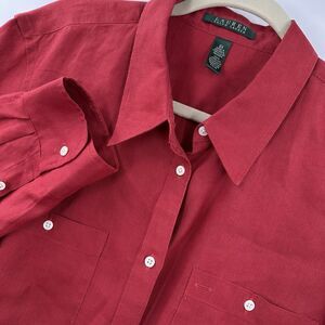 Lauren Ralph Lauren Womens Blouse 2X 100% Linen Button Up Red Roll Tab Sleeve